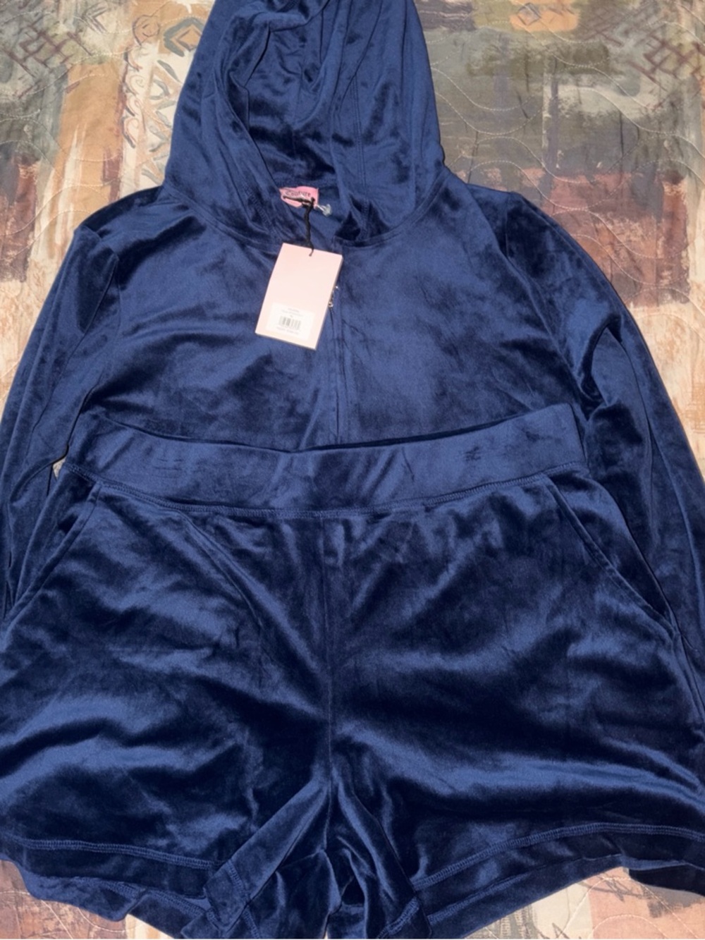 Juicy Couture Navy Blue Velour Hoodie & Shorts Set